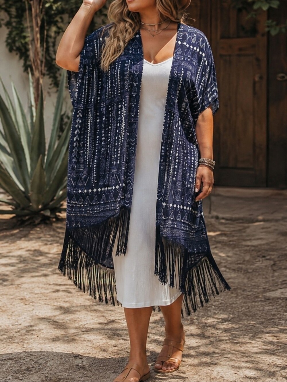 Reitmans Navy Boho Tribal Print Fringe Kimono Cardigan Open Front Mid Length